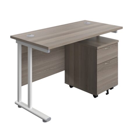 Twin Upright Rectangular Desk with Grey Oak top and White frame, paired with a Mobile 2 Drawer Pedestal.