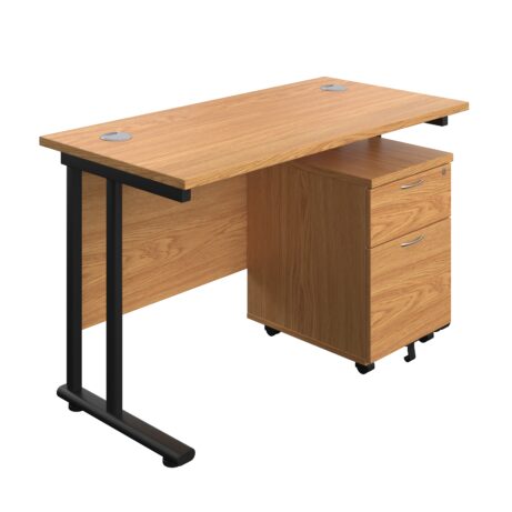 Twin Upright Rectangular Desk in Nova Oak with Black frame and mobile 2-drawer pedestal, dimensions 1200 x 600 mm.