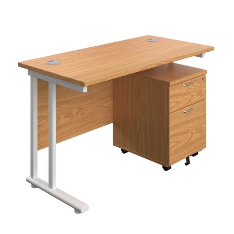 Twin Upright Rectangular Desk in Nova Oak with white frame and mobile 2-drawer pedestal, dimensions 1200 x 600 mm.