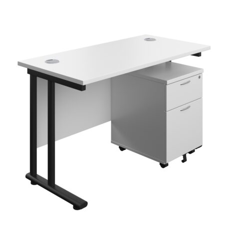 Twin upright rectangular desk with white top and black frame, featuring a mobile 2-drawer pedestal. Dimensions 1200 x 600.
