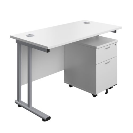 Twin upright rectangular desk with white top and silver frame, paired with a mobile two-drawer pedestal. Dimensions: 1200 x 600.