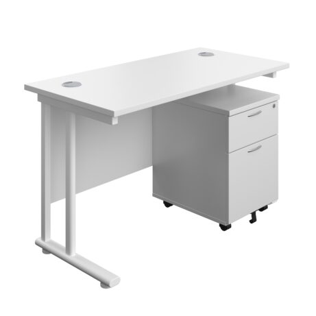 Twin Upright Rectangular Desk with white top and frame, featuring a mobile 2-drawer pedestal. Desk dimensions: 1200 x 600.