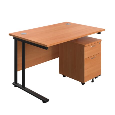 Twin Upright Rectangular Desk with Beech top and Black frame, featuring a mobile 2-drawer pedestal. Dimensions: 1200 x 800 mm.