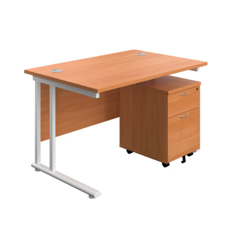 Beech rectangular desk with white frame, featuring a mobile 2-drawer pedestal. Desk dimensions: 1200 x 800 mm.