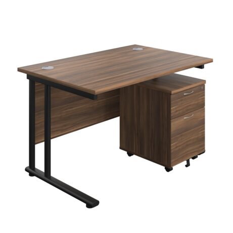 Twin Upright Rectangular Desk with Dark Walnut top and Black frame, mobile 2 drawer pedestal on the right.