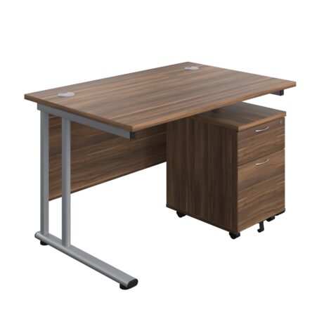 Twin Upright Rectangular Desk in Dark Walnut with Silver frame, featuring a mobile 2 drawer pedestal. Dimensions: 1200x800mm.