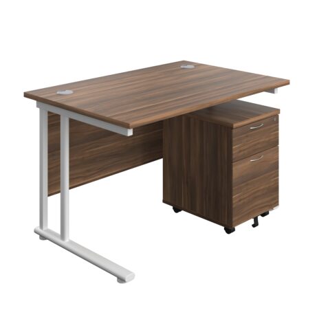Twin upright rectangular desk in dark walnut with white frame and mobile 2-drawer pedestal. Desk dimensions: 1200 x 800 mm.