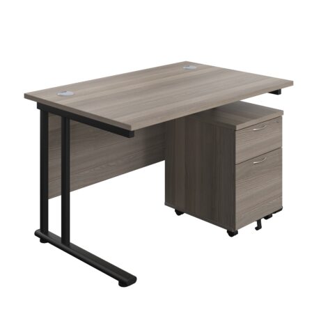 Twin Upright Rectangular Desk in Grey Oak with Black frame and Mobile 2 Drawer Pedestal, 1200 x 800 mm.