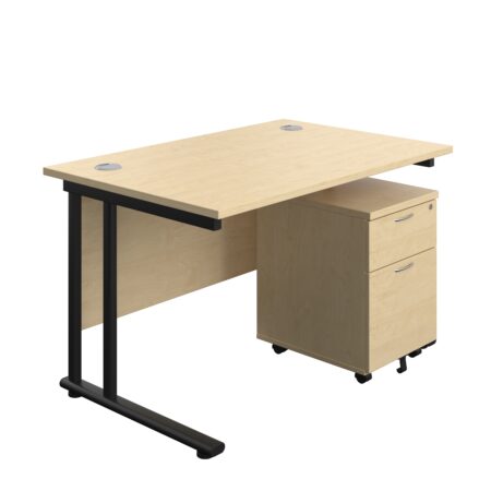 Twin upright rectangular desk with maple top and black frame, featuring a mobile 2-drawer pedestal. Desk dimensions: 1200x800.