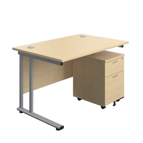 Twin upright rectangular desk with a maple top and silver frame, featuring a mobile 2-drawer pedestal. Dimensions 1200 x 800 mm.