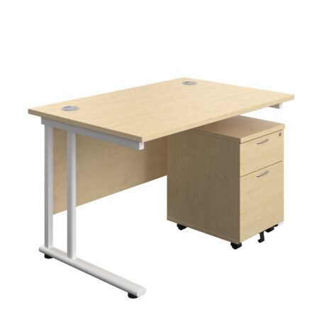 Twin upright rectangular desk with a maple top and white frame, featuring a mobile 2-drawer pedestal. Dimensions: 1200x800mm.