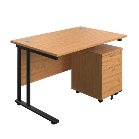 Twin upright rectangular desk with a Nova Oak top and black frame, paired with a mobile 2-drawer pedestal.