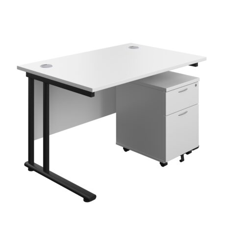 Twin Upright Rectangular Desk with White Top and Black Frame, featuring Mobile 2 Drawer Pedestal. Dimensions: 1200x800 mm.