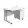 Twin upright rectangular desk with white top and silver frame, paired with a mobile 2 drawer pedestal on wheels.