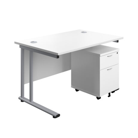 Twin upright rectangular desk with white top and silver frame, paired with a mobile 2 drawer pedestal on wheels.