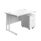 Twin upright rectangular desk with white top and frame, featuring a mobile 2-drawer pedestal on wheels.