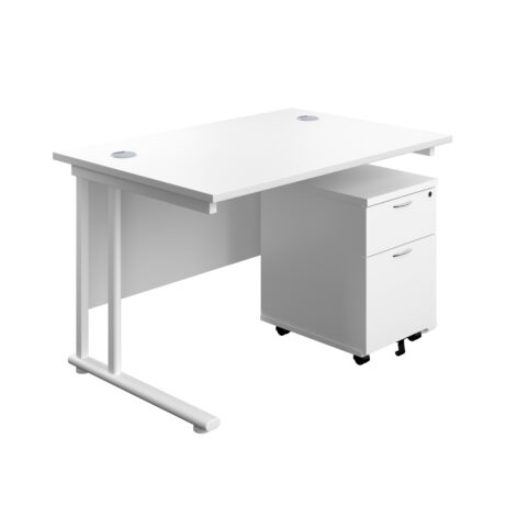 Twin upright rectangular desk with white top and frame, featuring a mobile 2-drawer pedestal on wheels.