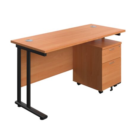 Beech rectangular desk with black frame and mobile 2-drawer pedestal, dimensions 1400x600mm.