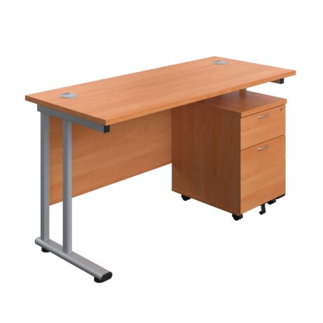 Twin upright rectangular desk with beech top, silver frame, and mobile 2-drawer pedestal. Dimensions: 1400 x 600 mm.