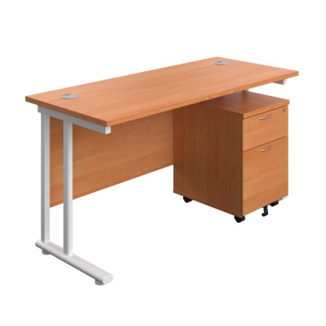 Twin Upright Rectangular Desk with Beech top and White frame, includes Mobile 2 Drawer Pedestal. Dimensions: 1400 x 600 mm.