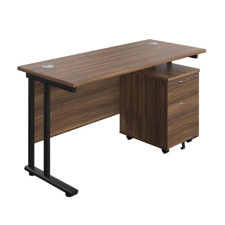 Twin upright rectangular desk in dark walnut with a black frame and a mobile 2-drawer pedestal. Dimensions: 1400 x 600 mm.