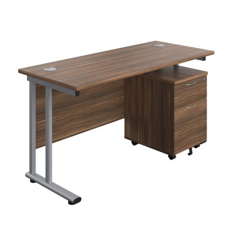Twin upright rectangular desk in dark walnut with silver frame, featuring a mobile 2 drawer pedestal. Dimensions: 1400 x 600.