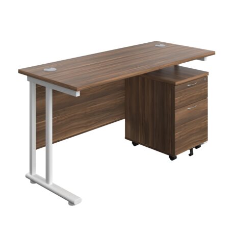 Twin upright rectangular desk with dark walnut top, white frame, and mobile 2-drawer pedestal. Dimensions: 1400x600 mm.