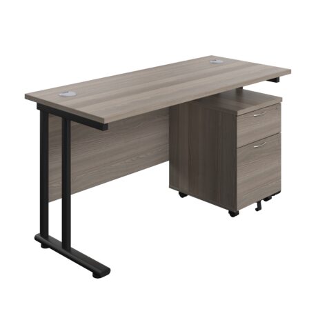 Twin Upright Rectangular Desk in Grey Oak with Black frame and mobile 2 drawer pedestal. Dimensions: 1400 x 600 mm.