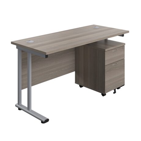 Twin Upright Rectangular Desk in Grey Oak with Silver Frame and Mobile 2 Drawer Pedestal. Dimensions: 1400 x 600 mm.