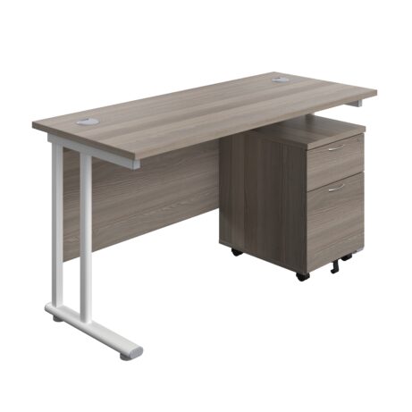 Twin Upright Rectangular Desk in Grey Oak with White frame and Mobile 2 Drawer Pedestal. Dimensions: 1400 x 600 mm.