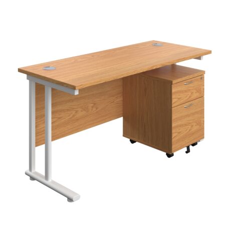 Twin Upright Rectangular Desk in Nova Oak with white frame and mobile 2 drawer pedestal. Dimensions: 1400x600mm.