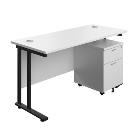 Twin upright rectangular desk with white top and black frame, accompanied by a mobile 2-drawer pedestal.