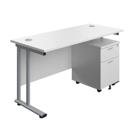 Twin Upright Rectangular Desk with mobile 2-drawer pedestal, white top, silver frame, dimensions 1400 x 600 mm.
