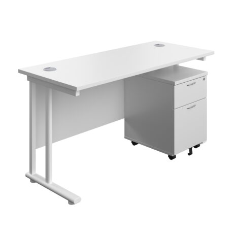 Twin upright rectangular desk with white top, white frame, and mobile 2 drawer pedestal. Dimensions: 1400 x 600.