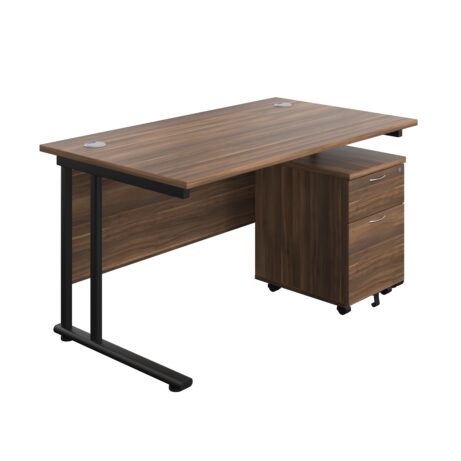 Twin Upright Rectangular Desk with Dark Walnut Top and Black Frame, featuring a Mobile 2 Drawer Pedestal.