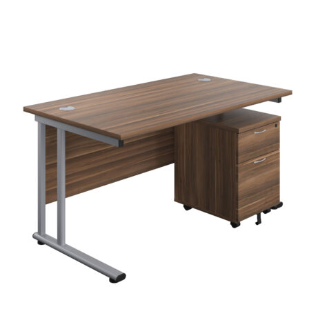 Rectangular desk with dark walnut top and silver frame, paired with a mobile two-drawer pedestal. Dimensions: 1400 x 800 mm.
