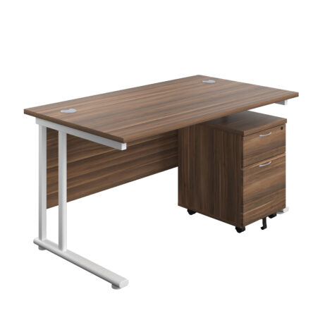 Twin upright rectangular desk in dark walnut with white frame and mobile two-drawer pedestal. Dimensions 1400x800mm.