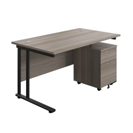 Twin upright rectangular desk with grey oak top and black frame, featuring a mobile 2-drawer pedestal.