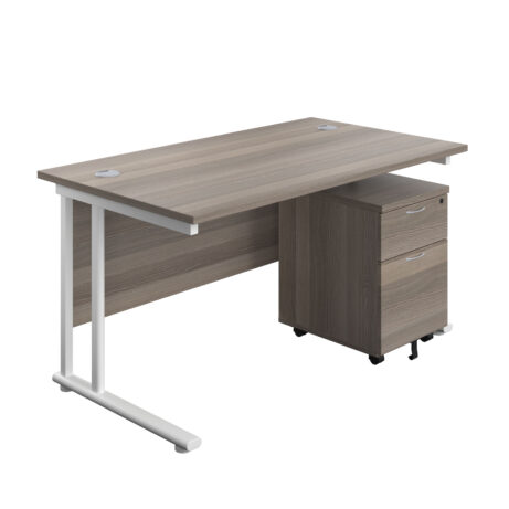 Twin Upright Rectangular Desk in Grey Oak with White frame and Mobile 2 Drawer Pedestal. Dimensions: 1400 x 800 mm.