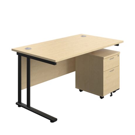 Twin upright rectangular desk in maple with black frame and mobile 2-drawer pedestal. Desk top dimensions: 1400 x 800.