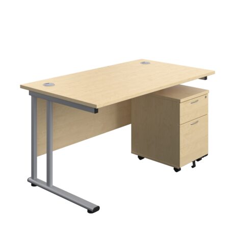 Twin upright rectangular desk in maple with a silver frame and a mobile 2-drawer pedestal. Desk dimensions: 1400 x 800 mm.