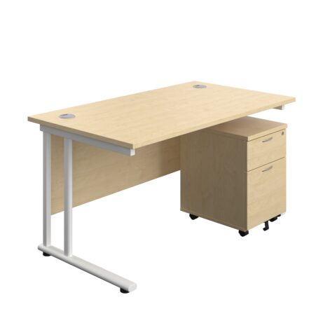 Twin Upright Rectangular Desk in Maple with White frame and Mobile 2 Drawer Pedestal, dimensions 1400 X 800 mm.