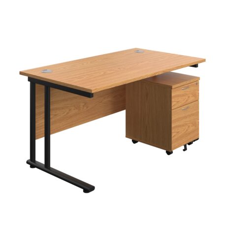 Twin Upright Rectangular Desk in Nova Oak with Black frame, includes a mobile 2-drawer pedestal. Dimensions: 1400 x 800 mm.