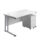 Twin upright rectangular desk with white top and silver frame, featuring a mobile two-drawer pedestal.