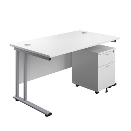 Twin upright rectangular desk with white top and silver frame, featuring a mobile two-drawer pedestal.