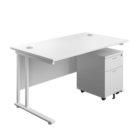 Twin Upright Rectangular Desk with white top and frame, includes mobile 2 drawer pedestal, dimensions 1400x800 mm.