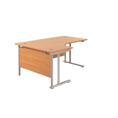 Twin Upright Left Hand Radial Desk, beech desk top, silver frame, dimensions 1600 x 1200 mm, FSC certified.