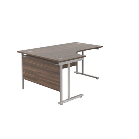 Twin Upright Left Hand Radial Desk, dark walnut top, silver frame, dimensions 1600 x 1200 mm. FSC certified.