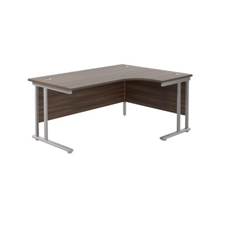 Twin Upright Right Hand Radial Desk, 1600x1200mm, Dark Walnut top, Silver frame. FSC certified.