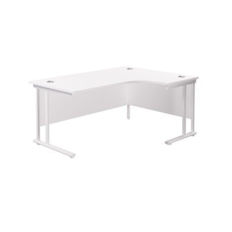 Twin Upright Right Hand Radial Desk, white desk top and frame, dimensions 1600 x 1200 mm.